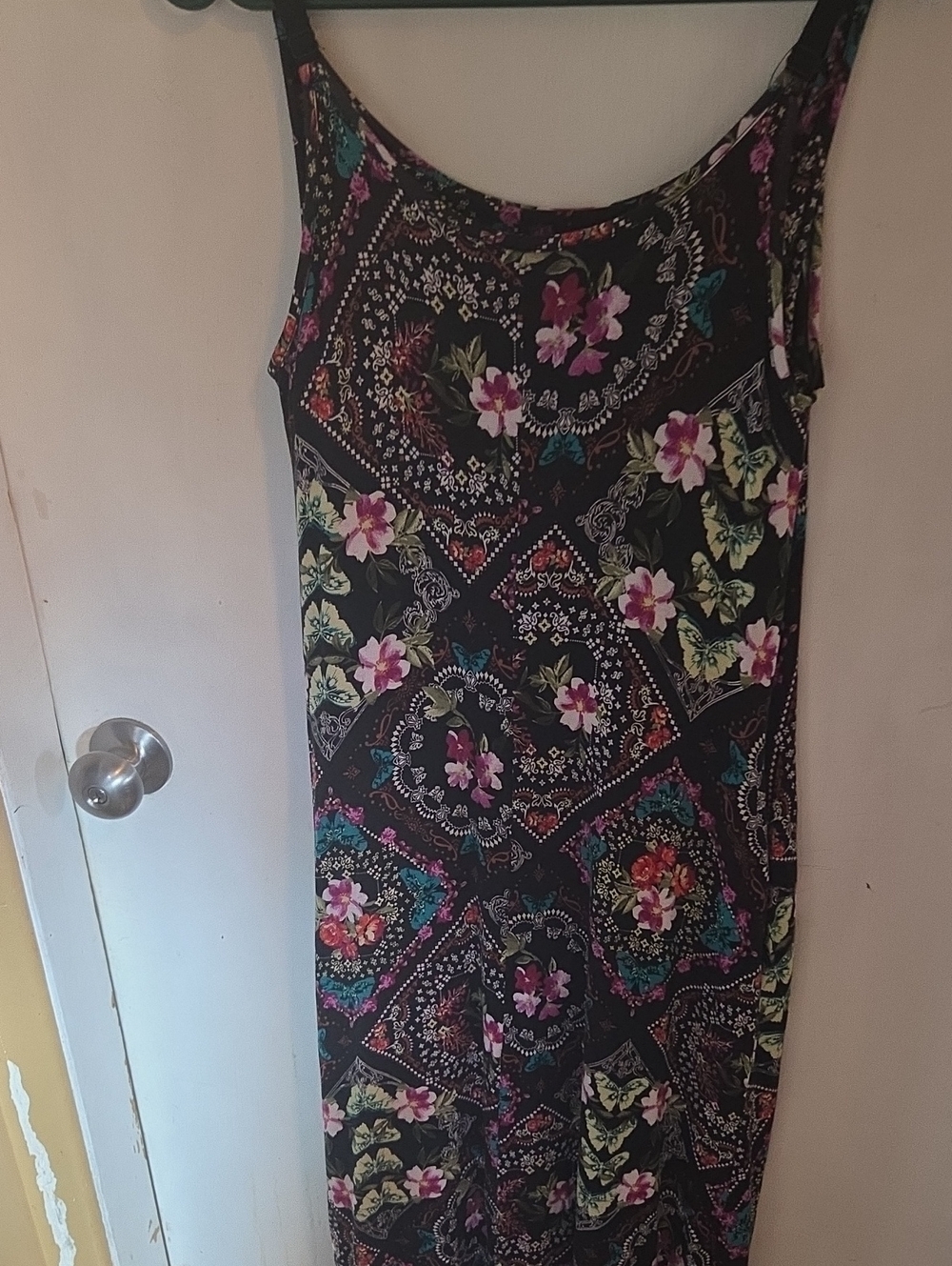 Paisley Sky MATERNITY Black Maxi Dress with Pink, Teal & Green Paisley Print